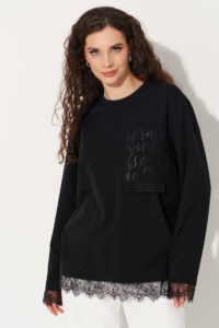 Чёрный лонгслив хлопковый с кружевом — MG Wear
